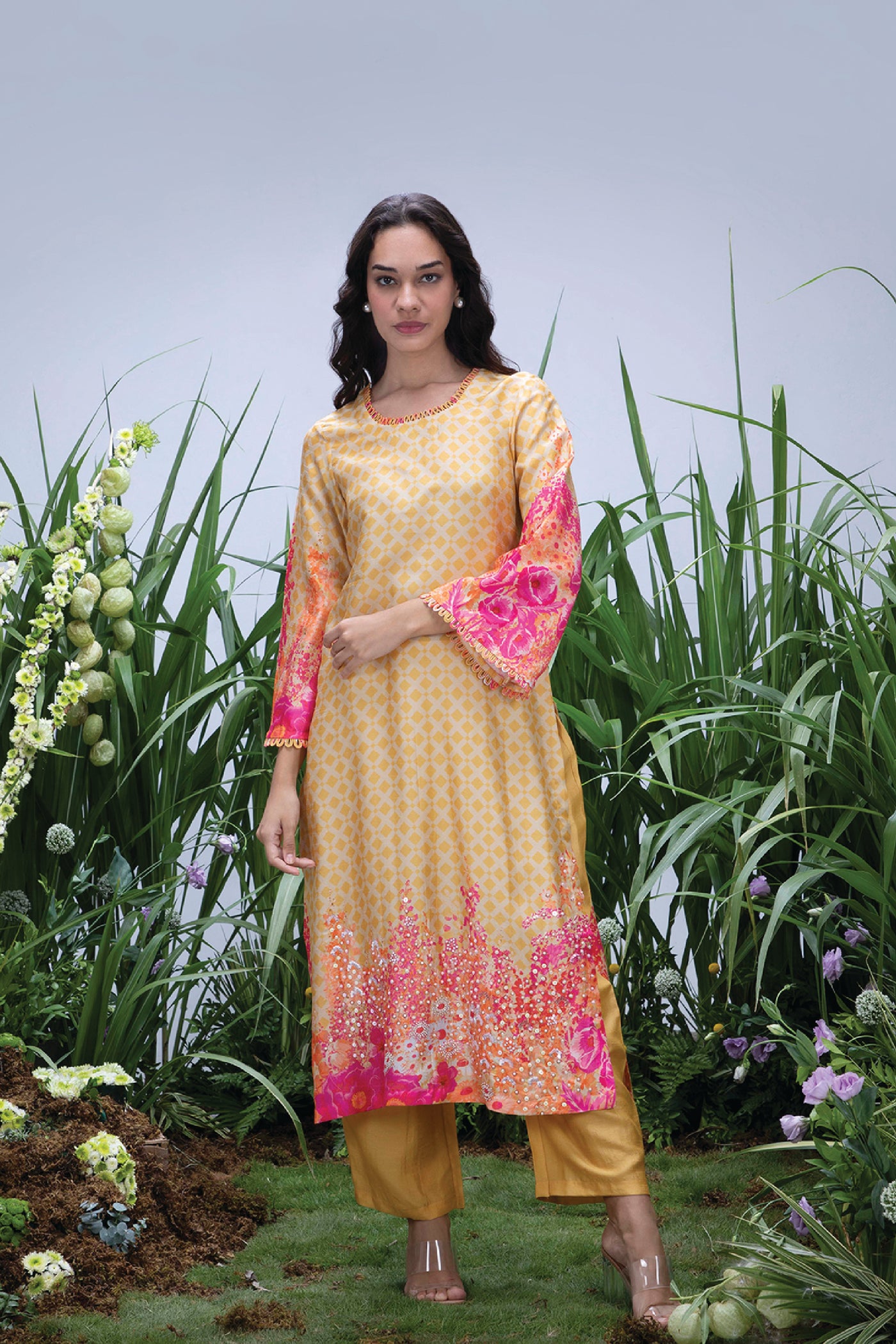 Archana Shah Wild Flower Bell Sleeves Kurta Set indian designer wear online shopping melange singapore