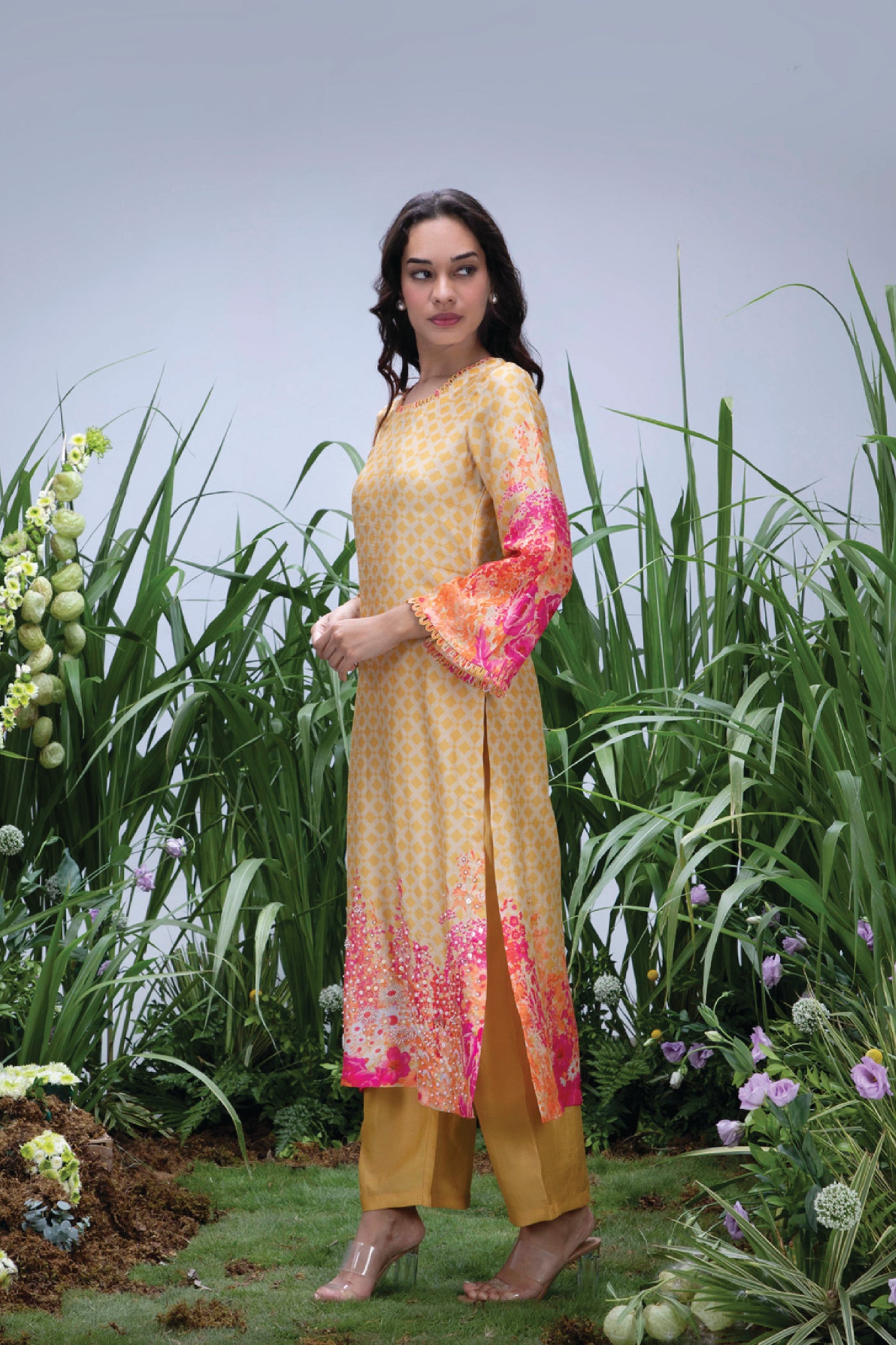 Archana Shah Wild Flower Bell Sleeves Kurta Set indian designer wear online shopping melange singapore