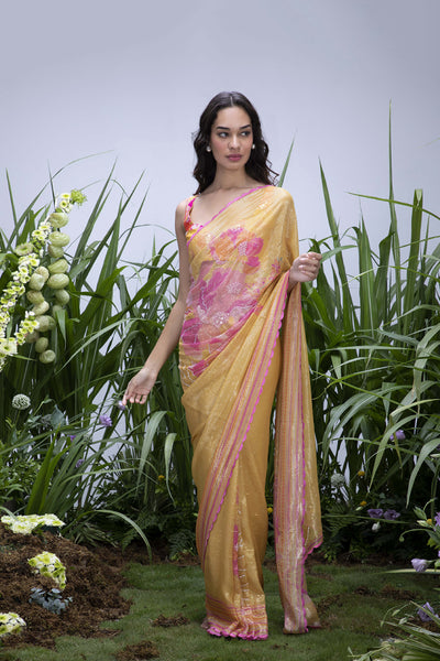 Archana Shah Yellow Wild Flower Shimmer Saree indian designer wear online shopping melange singapore