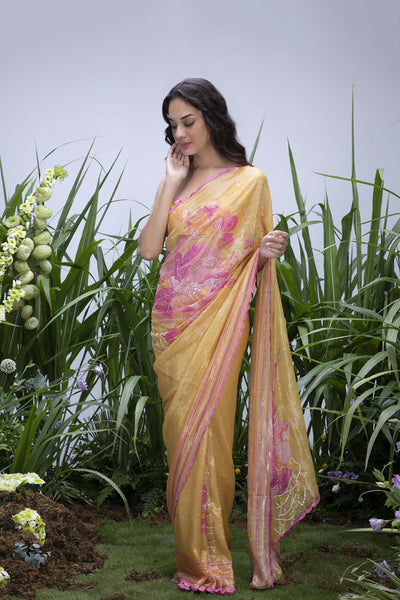 Archana Shah Yellow Wild Flower Shimmer Saree indian designer wear online shopping melange singapore