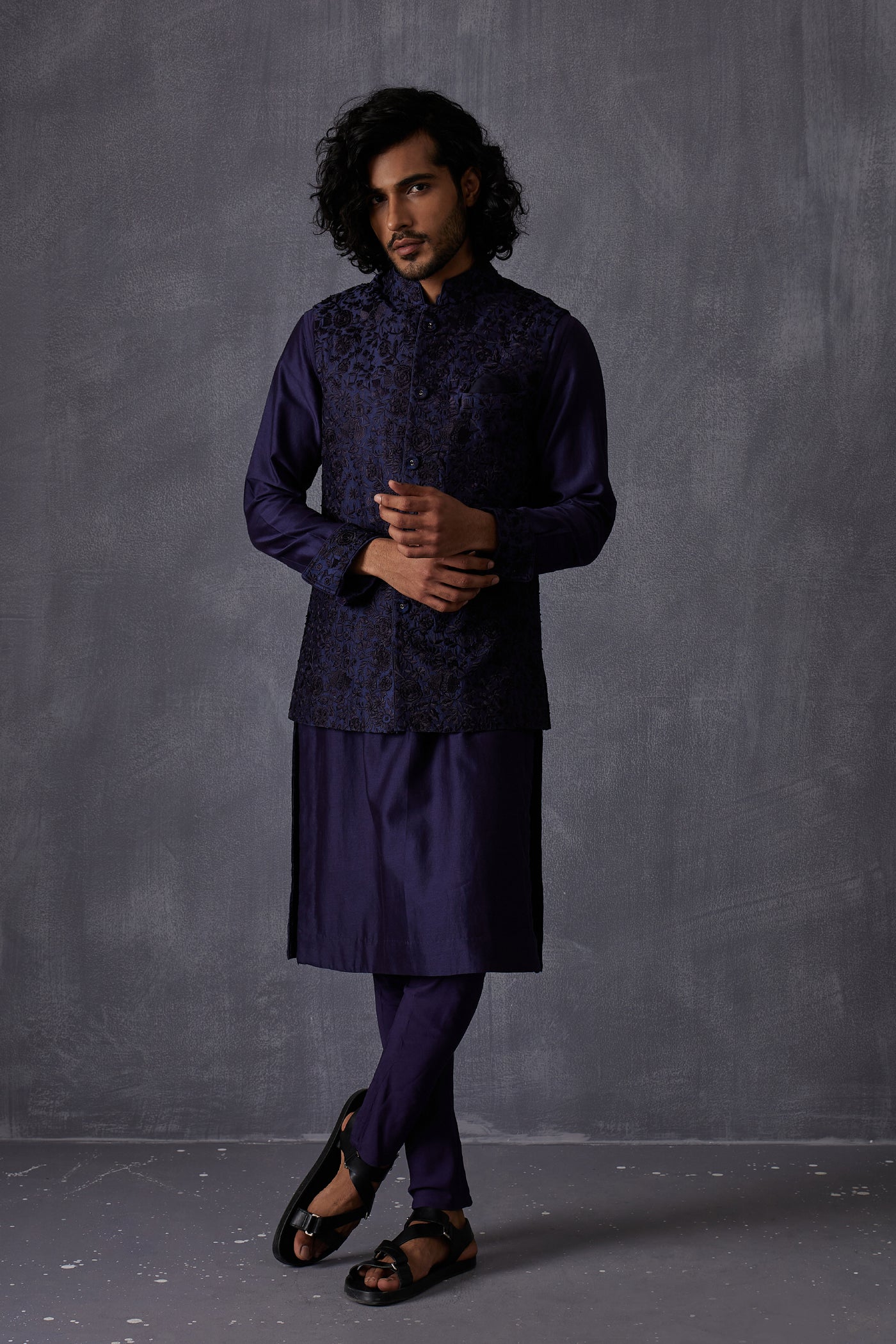 Arjan Dugal Chanderi Silk Kurta Set With Straight Hem Indian designer wear online shopping melange singapore