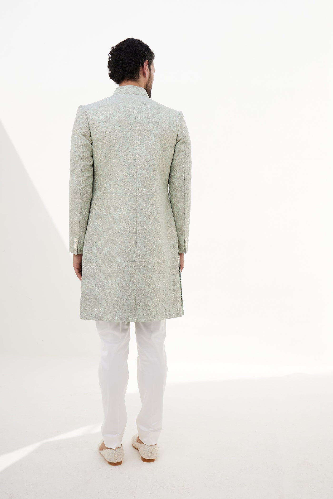 Arjan Dugal Banarasi Double Scallop Achkan kurta With Off White Pant Indian designer wear online shopping melange singapore
