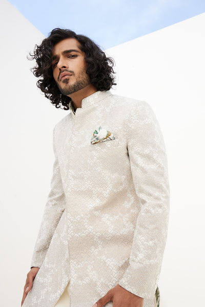 Arjan Dugal Banarasi Double Scallop Achkan kurta With Off White Pant Indian designer wear online shopping melange singapore