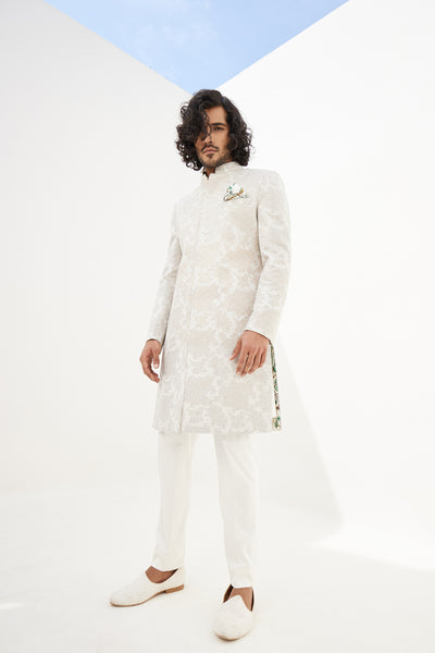 Arjan Dugal Banarasi Double Scallop Achkan kurta With Off White Pant Indian designer wear online shopping melange singapore