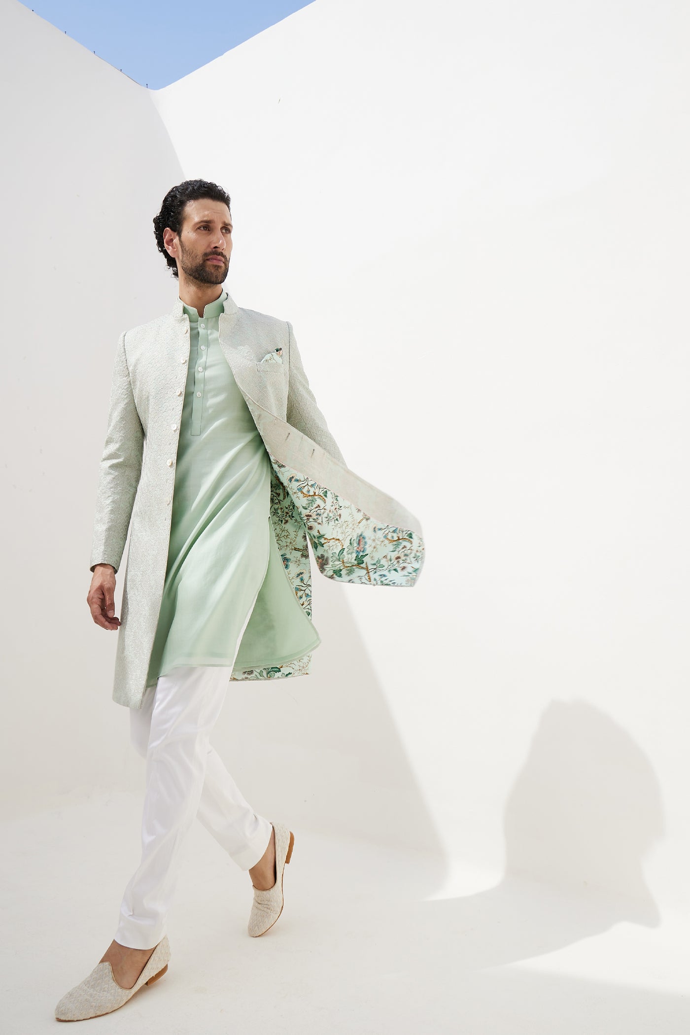 Arjan Dugal Banarasi Double Scallop Achkan kurta With Off White Pant Indian designer wear online shopping melange singapore