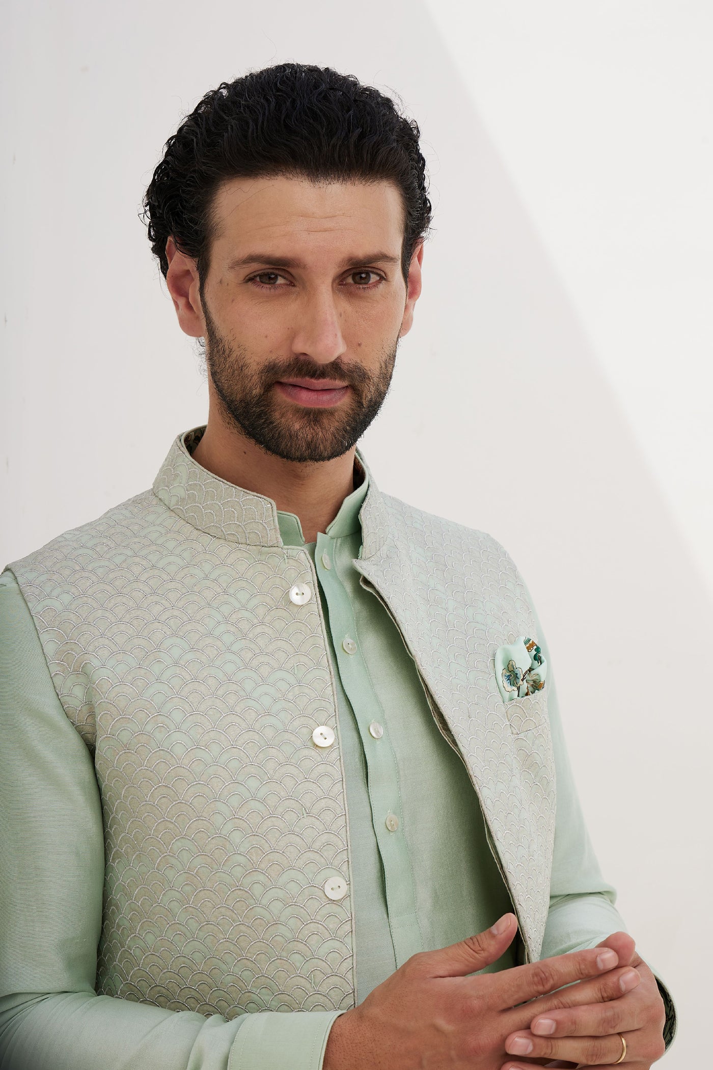 Arjan Dugal Banarasi Double Scallop Achkan kurta With Off White Pant Indian designer wear online shopping melange singapore