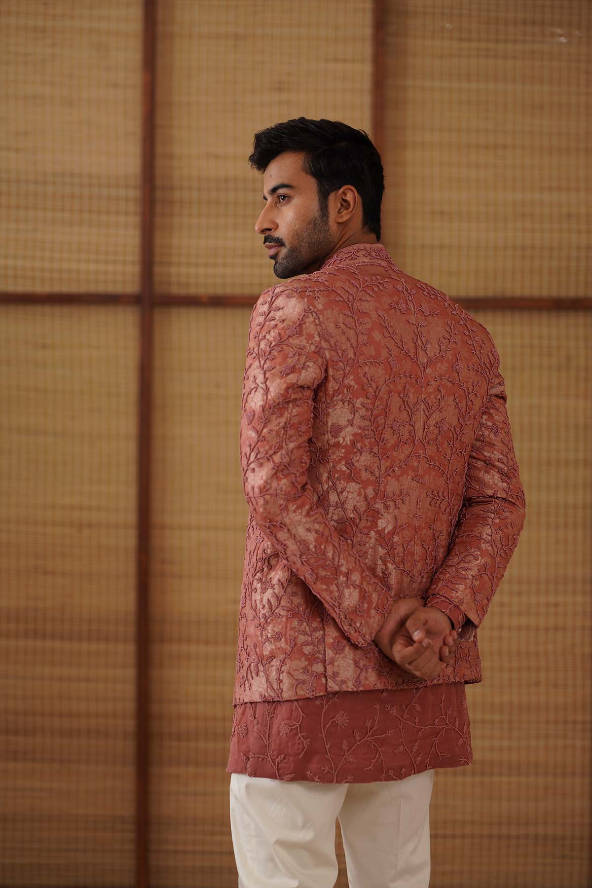 Arjan Dugal Beads Banarasi Bandhgala Terracotta Set indian designer wear online shopping melange singapore 
