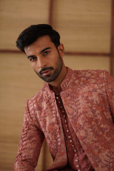 Arjan Dugal Beads Banarasi Bandhgala Terracotta Set indian designer wear online shopping melange singapore 

