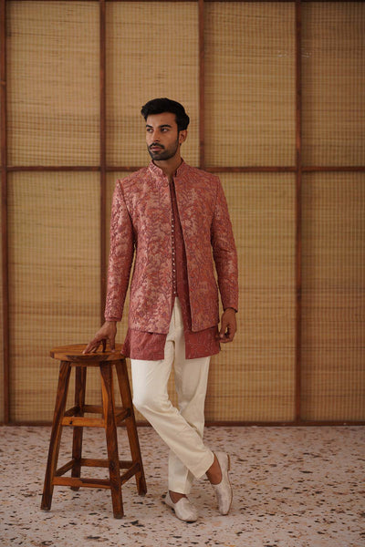 Arjan Dugal Beads Banarasi Bandhgala Terracotta Set indian designer wear online shopping melange singapore 
