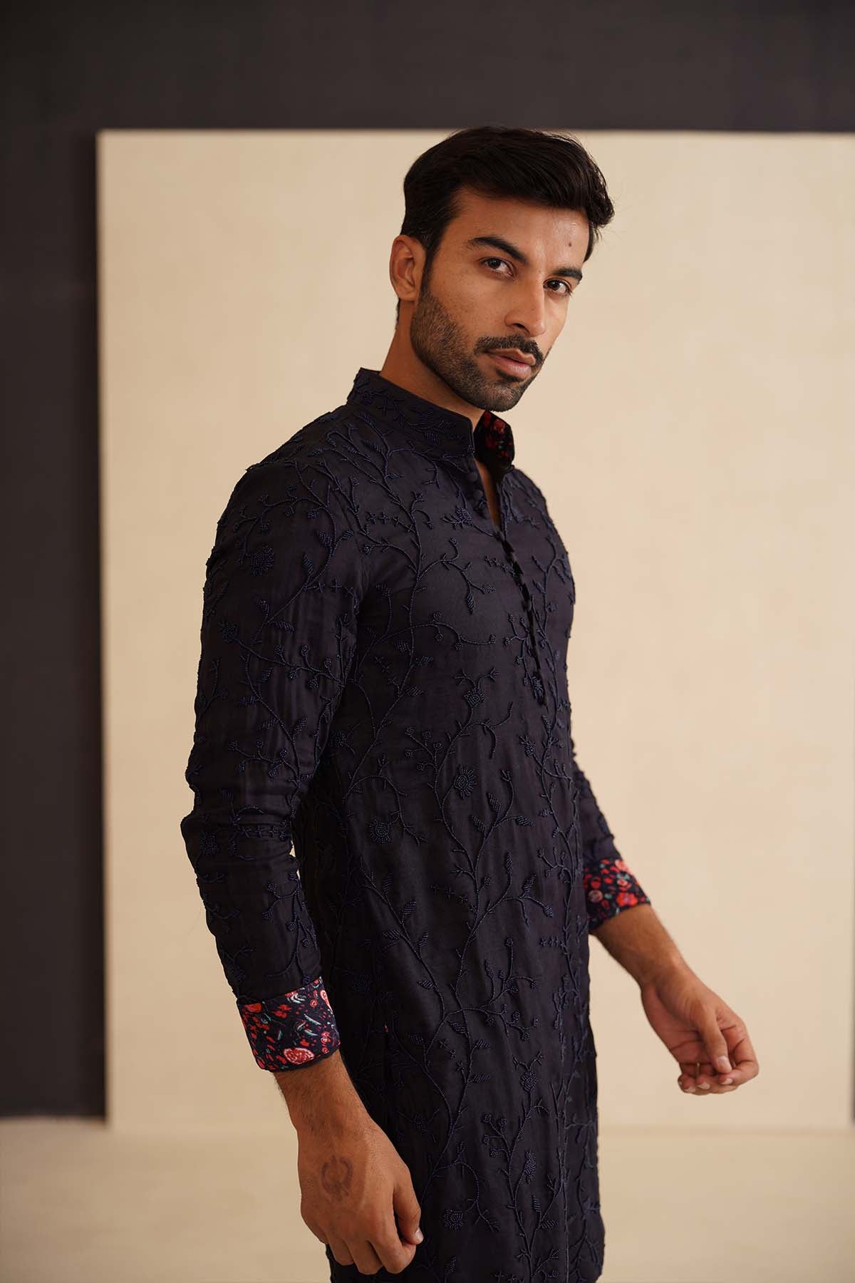 Arjan Dugal Beads Half Luppi Button Kurta Set indian designer wear online shopping melange singapore 