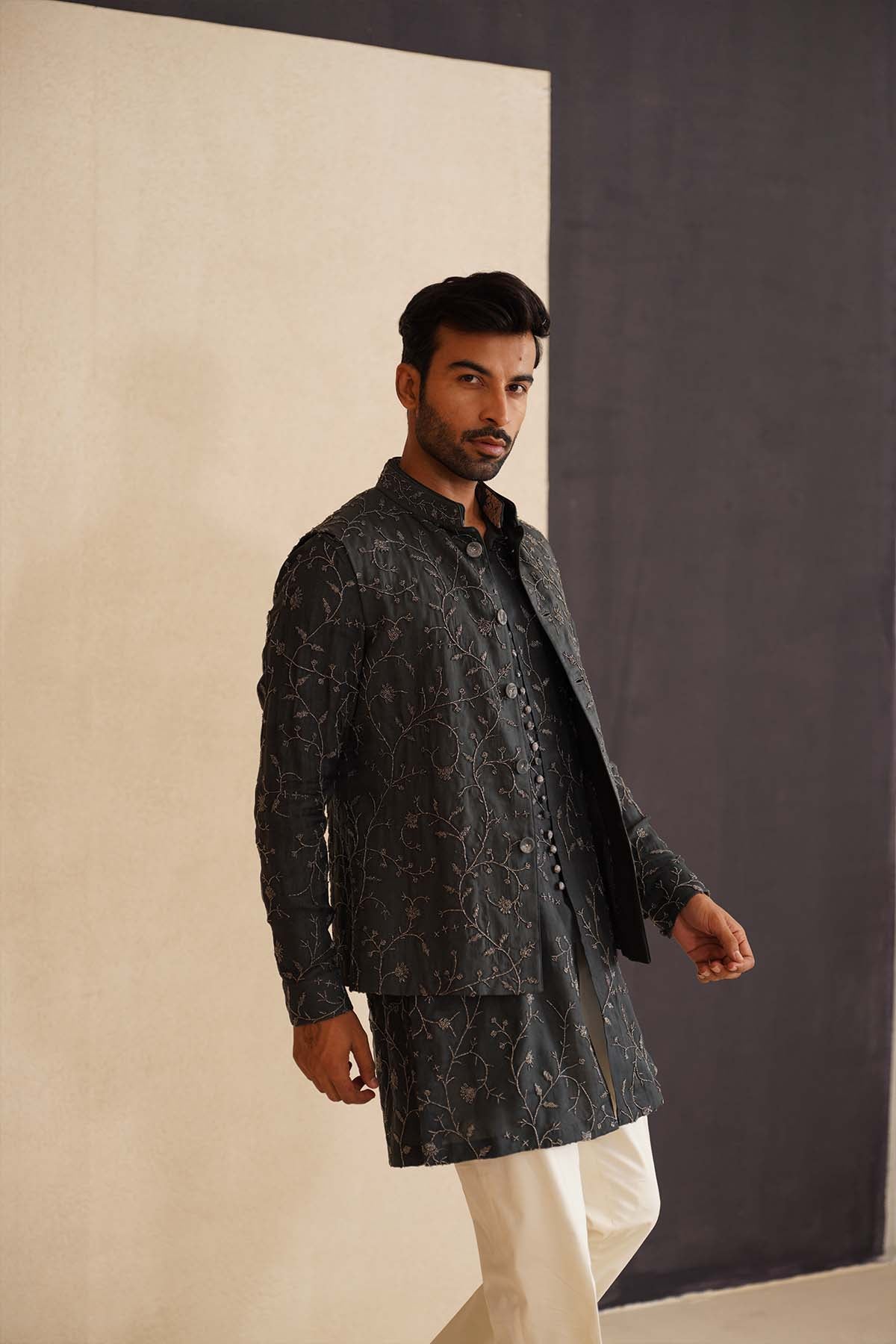 Arjan Dugal Beads Nehru Jacket Mose Green Set indian designer wear online shopping melange singapore 