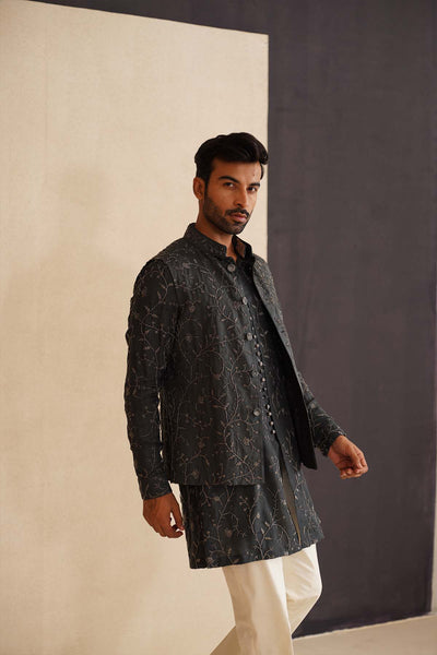 Arjan Dugal Beads Nehru Jacket Mose Green Set indian designer wear online shopping melange singapore 