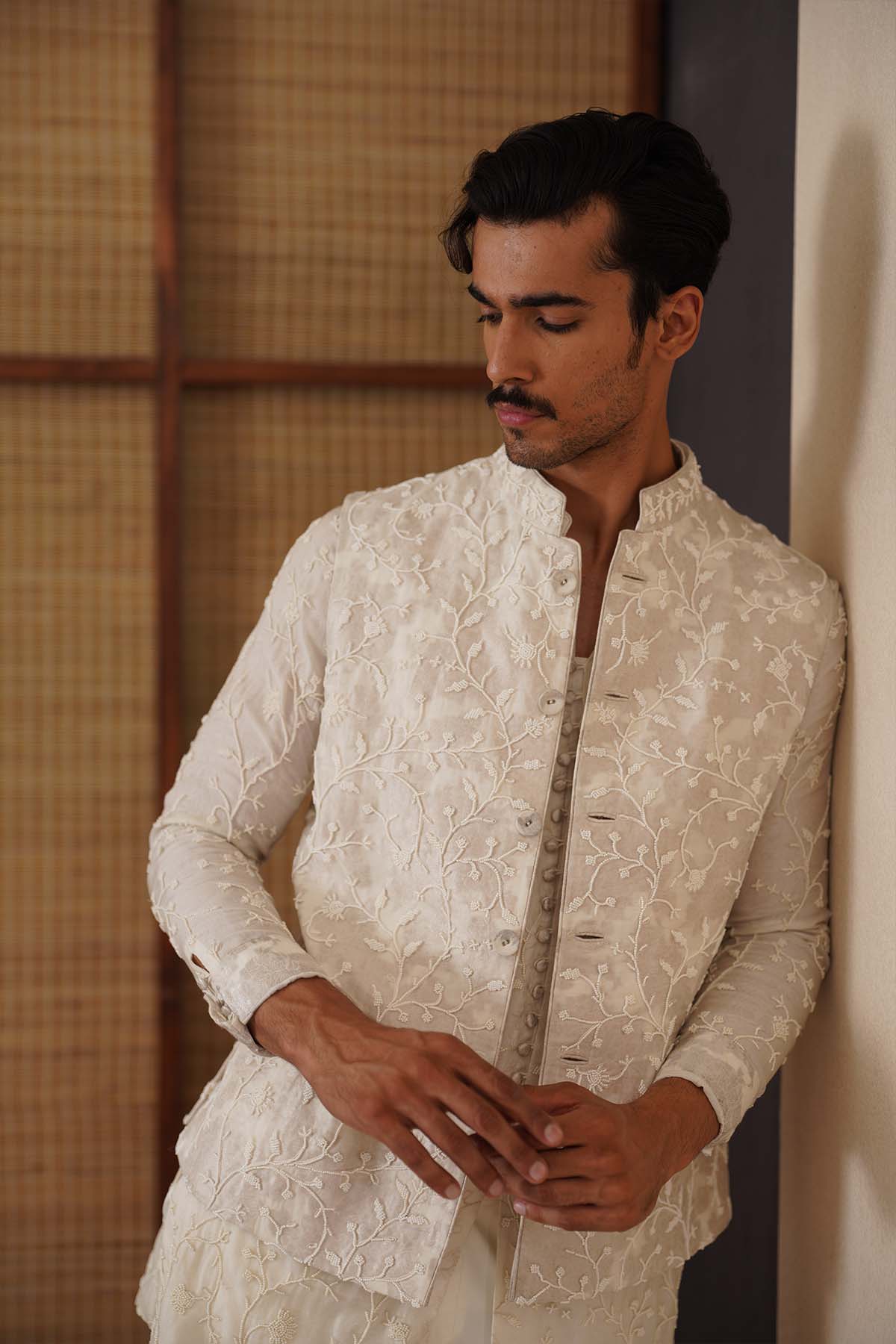 Arjan Dugal Beads Nehru Jacket Off White Set indian designer wear online shopping melange singapore 