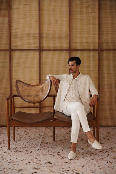 Arjan Dugal Beads Nehru Jacket Off White Set indian designer wear online shopping melange singapore 