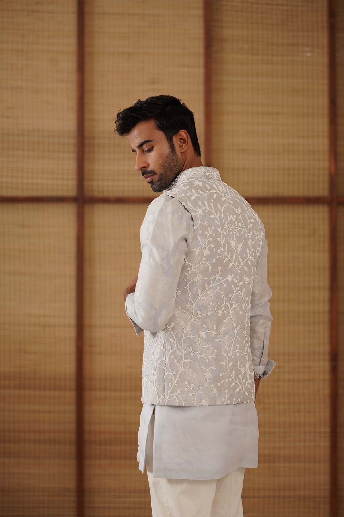 Arjan Dugal Beads Nehru Jacket Powder Blue Set indian designer wear online shopping melange singapore 