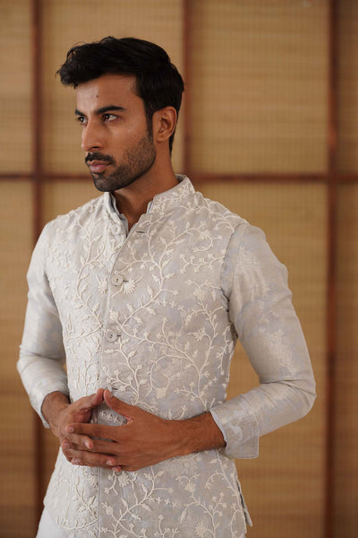 Arjan Dugal Beads Nehru Jacket Powder Blue Set indian designer wear online shopping melange singapore 