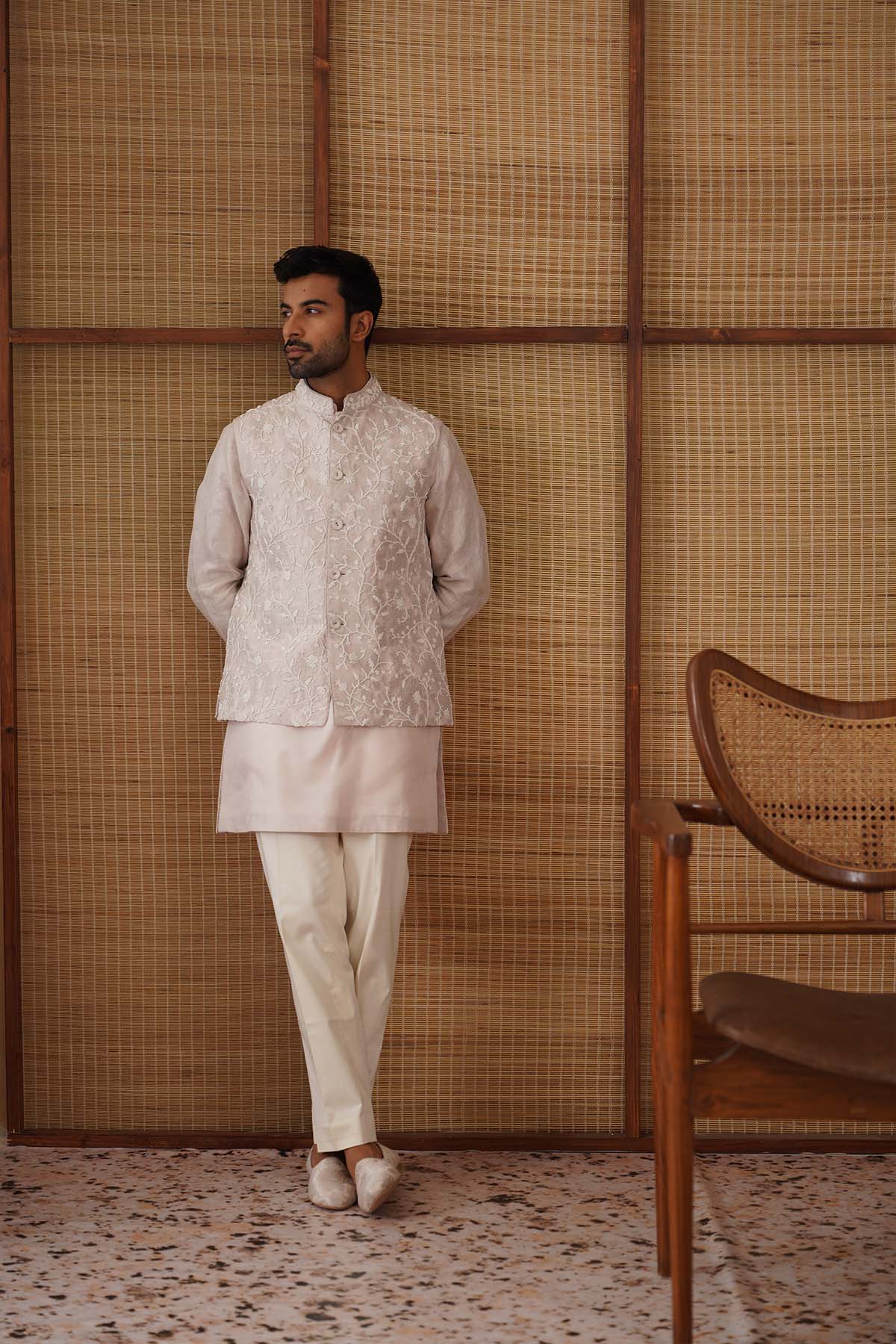 Arjan Dugal Beads Nehru Jacket Powder Pink Set indian designer wear online shopping melange singapore 
