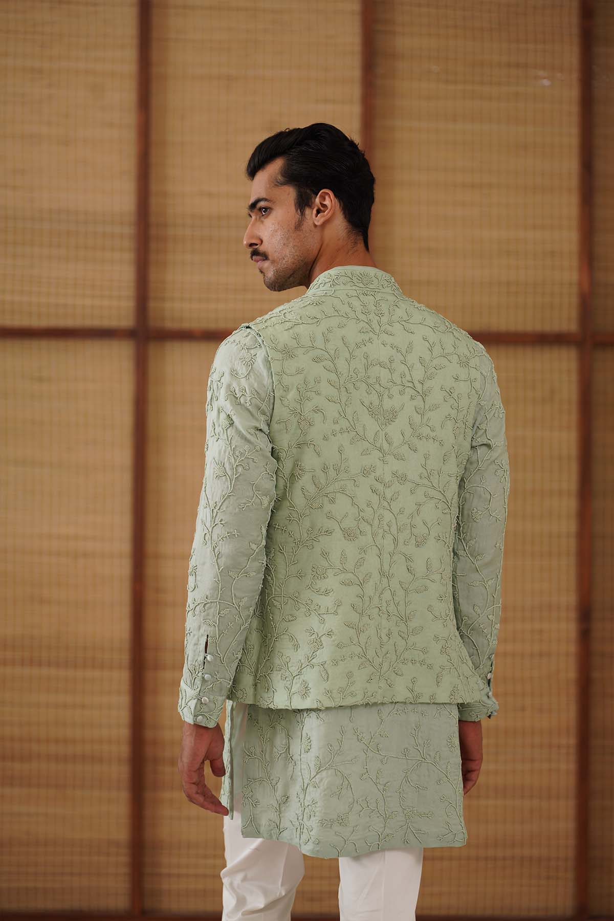 Arjan Dugal Beads Nehru Jacket Sage Green Set indian designer wear online shopping melange singapore 