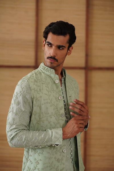 Arjan Dugal Beads Nehru Jacket Sage Green Set indian designer wear online shopping melange singapore 