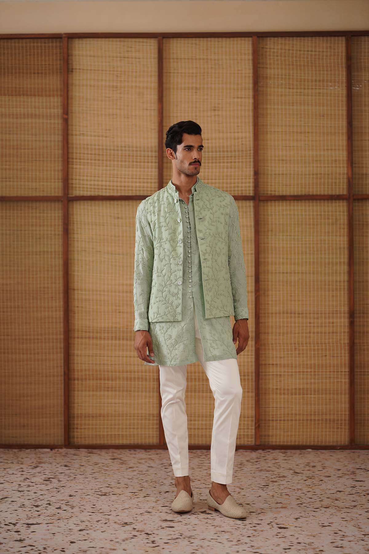 Arjan Dugal Beads Nehru Jacket Sage Green Set indian designer wear online shopping melange singapore 