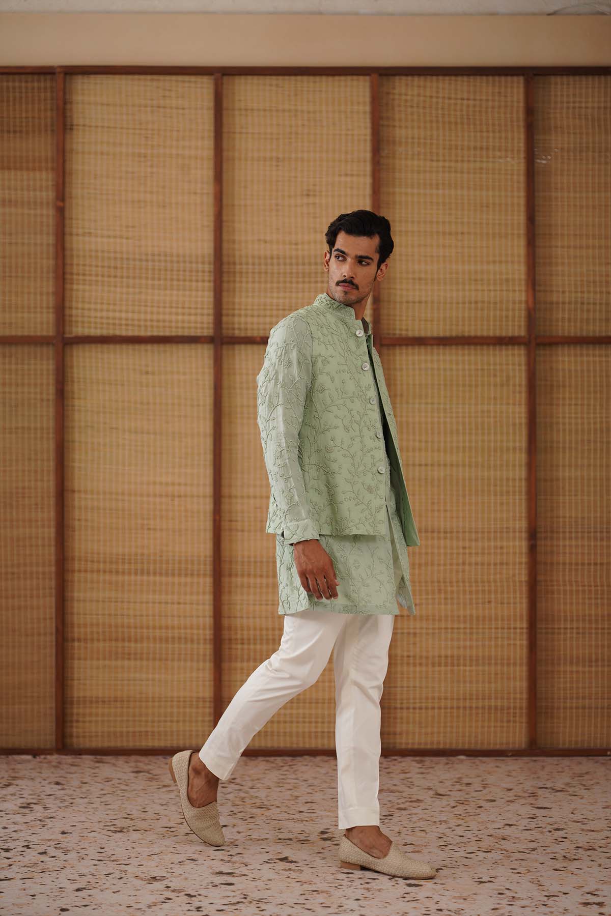 Arjan Dugal Beads Nehru Jacket Sage Green Set indian designer wear online shopping melange singapore 
