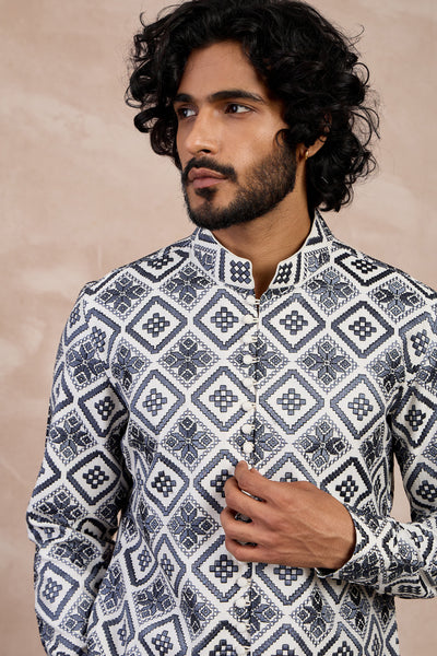 Arjan Dugal Dice Front Open Edge Cut Kurta Set Charcoal indian designer wear online shopping melange singapore