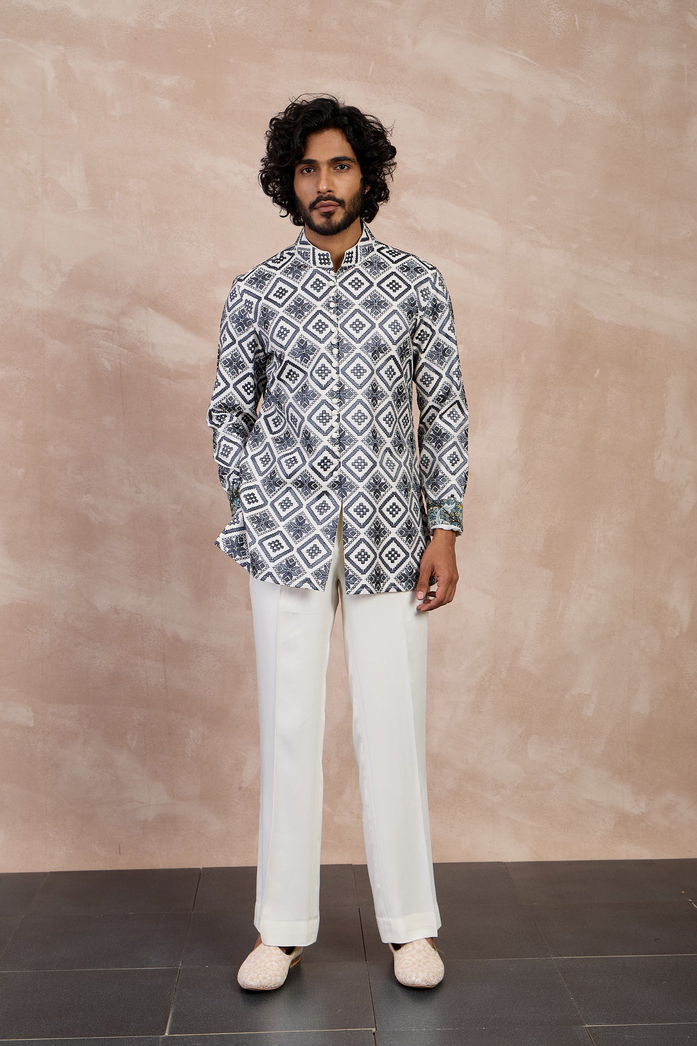 Arjan Dugal Dice Front Open Edge Cut Kurta Set Charcoal indian designer wear online shopping melange singapore