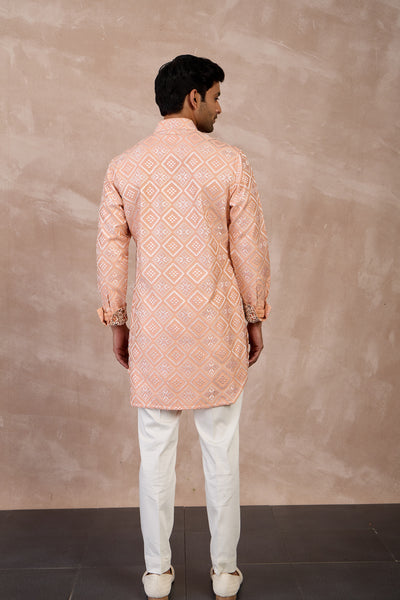 Arjan Dugal Dice Front Open Edge Cut Kurta Set Peach indian designer wear online shopping melange singapore