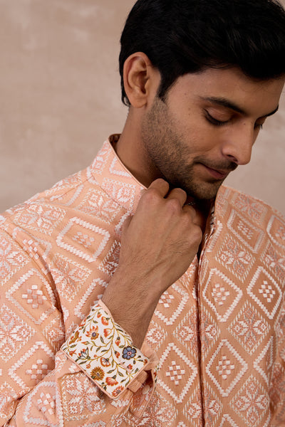 Arjan Dugal Dice Front Open Edge Cut Kurta Set Peach indian designer wear online shopping melange singapore