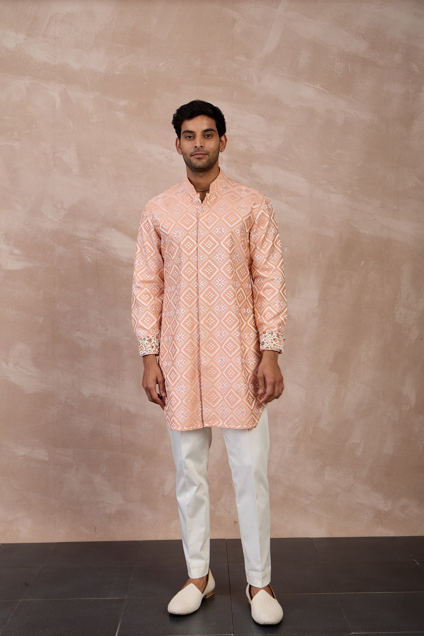 Arjan Dugal Dice Front Open Edge Cut Kurta Set Peach indian designer wear online shopping melange singapore