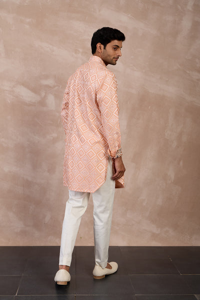 Arjan Dugal Dice Front Open Edge Cut Kurta Set Peach indian designer wear online shopping melange singapore