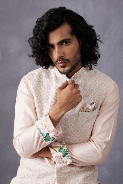 Arjan Dugal Chanderi Silk Short Kurta With Powder Pink Churidar Indian designer wear online shopping melange singapore