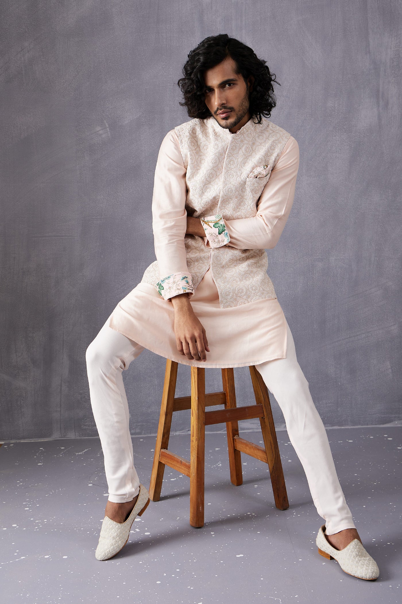 Arjan Dugal Chanderi Silk Short Kurta With Powder Pink Churidar Indian designer wear online shopping melange singapore