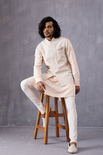 Arjan Dugal Chanderi Silk Short Kurta With Powder Pink Churidar Indian designer wear online shopping melange singapore
