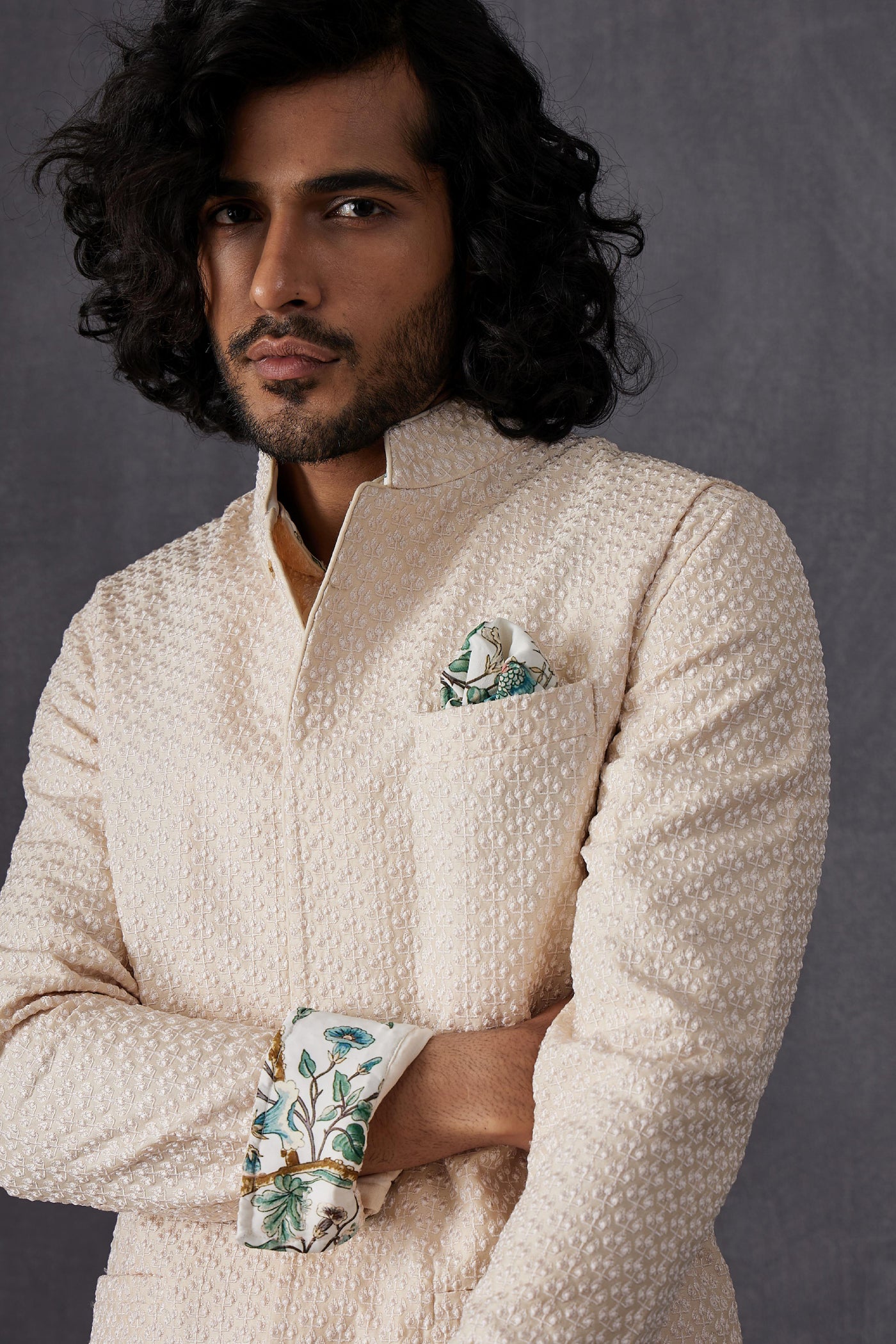 Arjan Dugal Embroidery Inara 3.0  Front Open Edgecut Kurta With Off White Pant Indian designer wear online shopping melange singapore