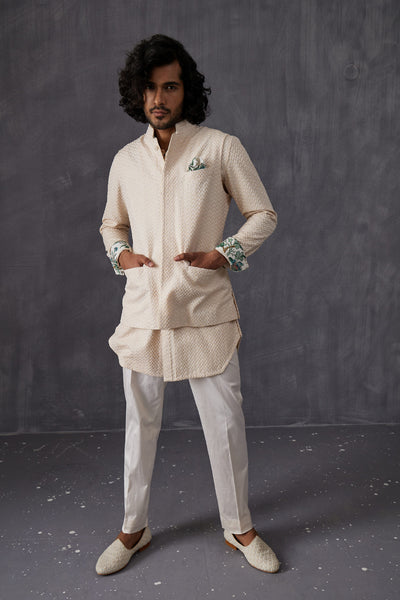 Arjan Dugal Embroidery Inara 3.0  Front Open Edgecut Kurta With Off White Pant Indian designer wear online shopping melange singapore