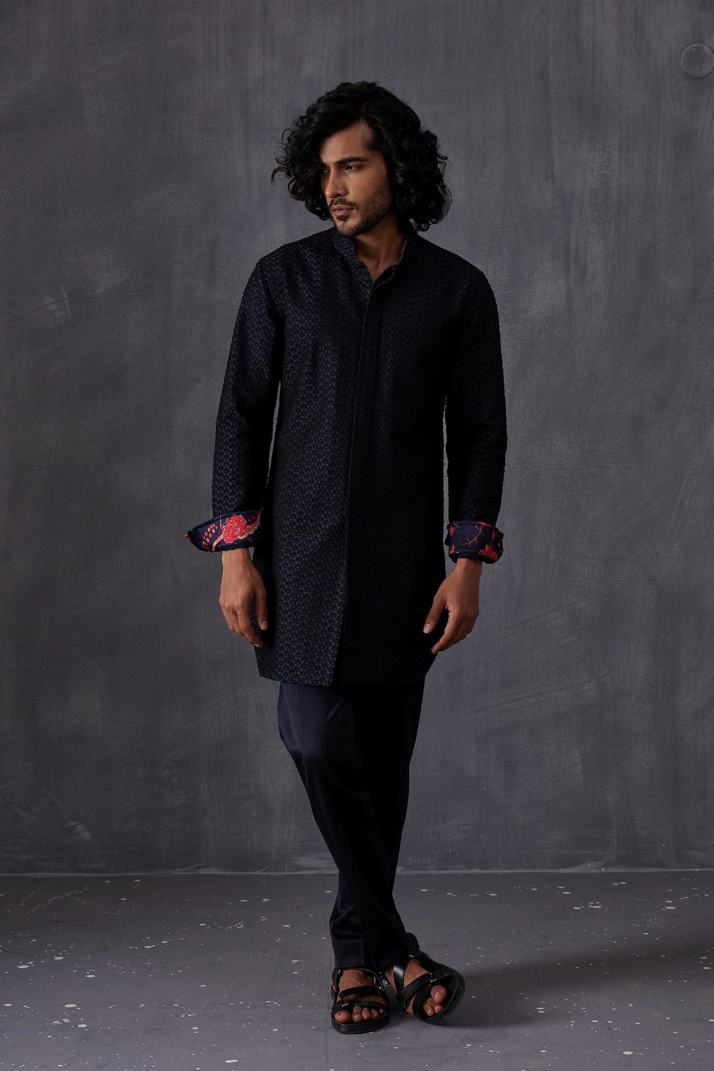 Arjan Dugal Embroidery Inara 3.0  Front Open Edgecut Kurta With Navy Pant Indian designer wear online shopping melange singapore