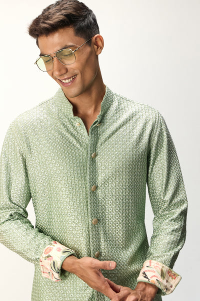 Arjan Dugal Inara FOE SB Kurta Set Sage Green indian designer wear online shopping melange singapore