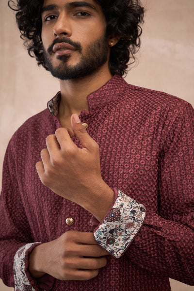 Arjan Dugal Inara Foe Sb Kurta Set Burgundy indian designer wear online shopping melange singapore