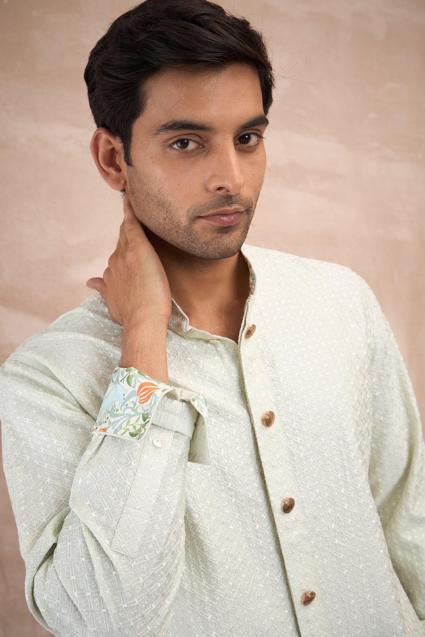 Arjan Dugal Inara Motif Foe Sb Kurta Set Mint Green indian designer wear online shopping melange singapore