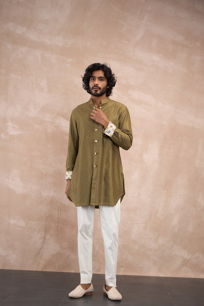 Arjan Dugal Inara Motif Foe Sb Kurta Set Olive indian designer wear online shopping melange singapore