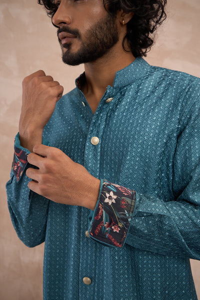 Arjan Dugal Inara Motif Foe Sb Kurta Set Turquoise indian designer wear online shopping melange singapore