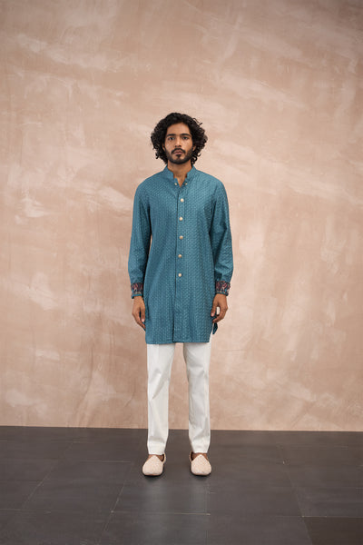 Arjan Dugal Inara Motif Foe Sb Kurta Set Turquoise indian designer wear online shopping melange singapore