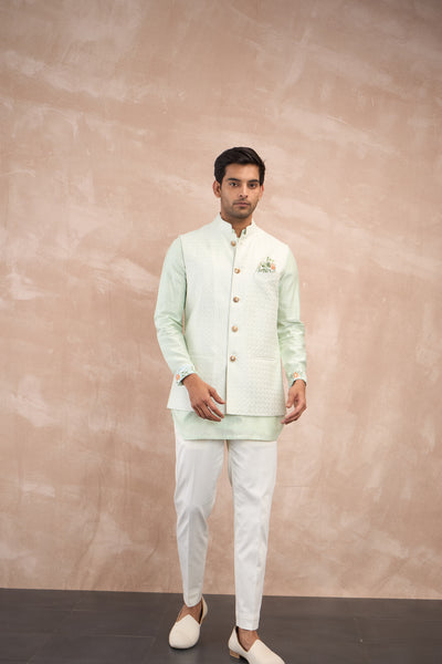 Arjan Dugal Inara Motif Nehru Jacket Mint Green indian designer wear online shopping melange singapore