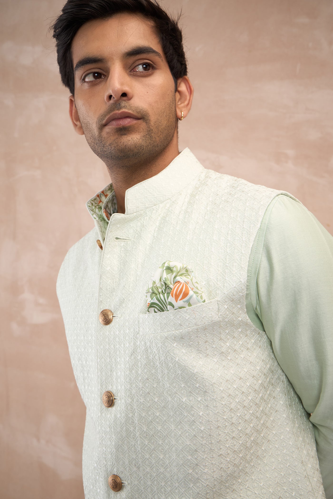 Arjan Dugal Inara Motif Nehru Jacket Set Mint Green indian designer wear online shopping melange singapore