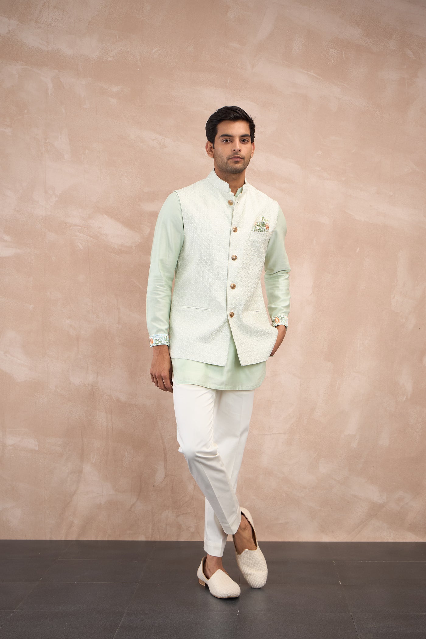 Arjan Dugal Inara Motif Nehru Jacket Set Mint Green indian designer wear online shopping melange singapore