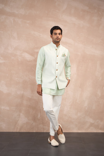 Arjan Dugal Inara Motif Nehru Jacket Set Mint Green indian designer wear online shopping melange singapore