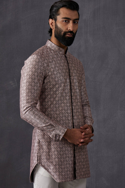 Arjan Dugal Cross Stitch Front Open Edgecut Kurta With Off White Pant Indian designer wear online shopping melange singapore
