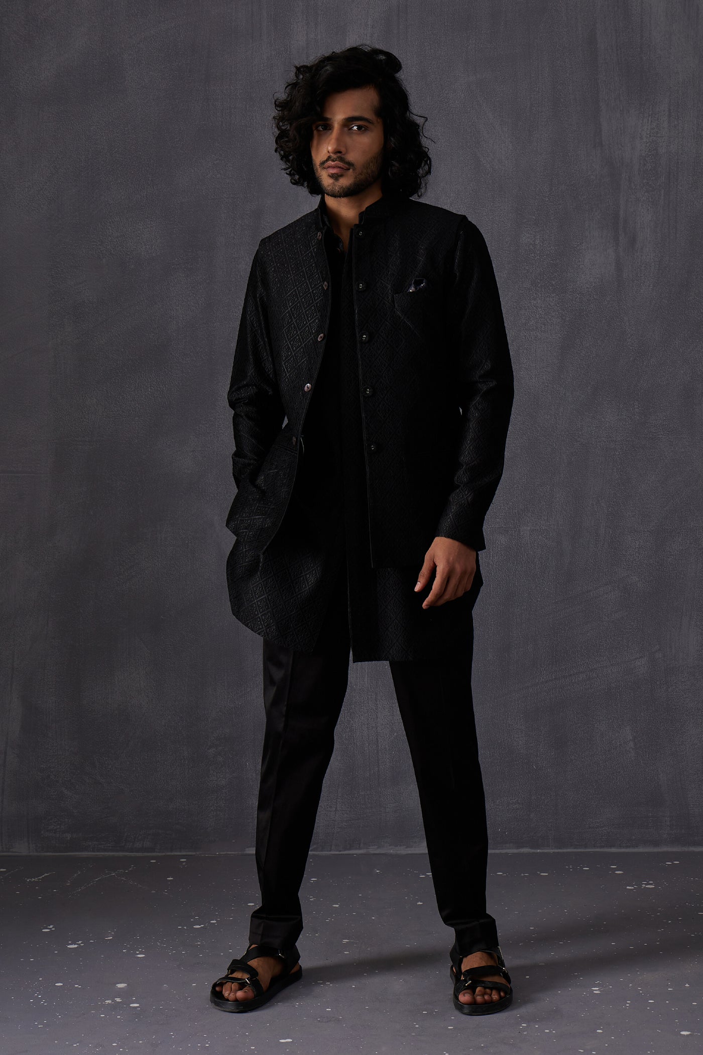 Arjan Dugal Cross Stitch Front Open Edgecut Kurta With Off White Pant Indian designer wear online shopping melange singapore