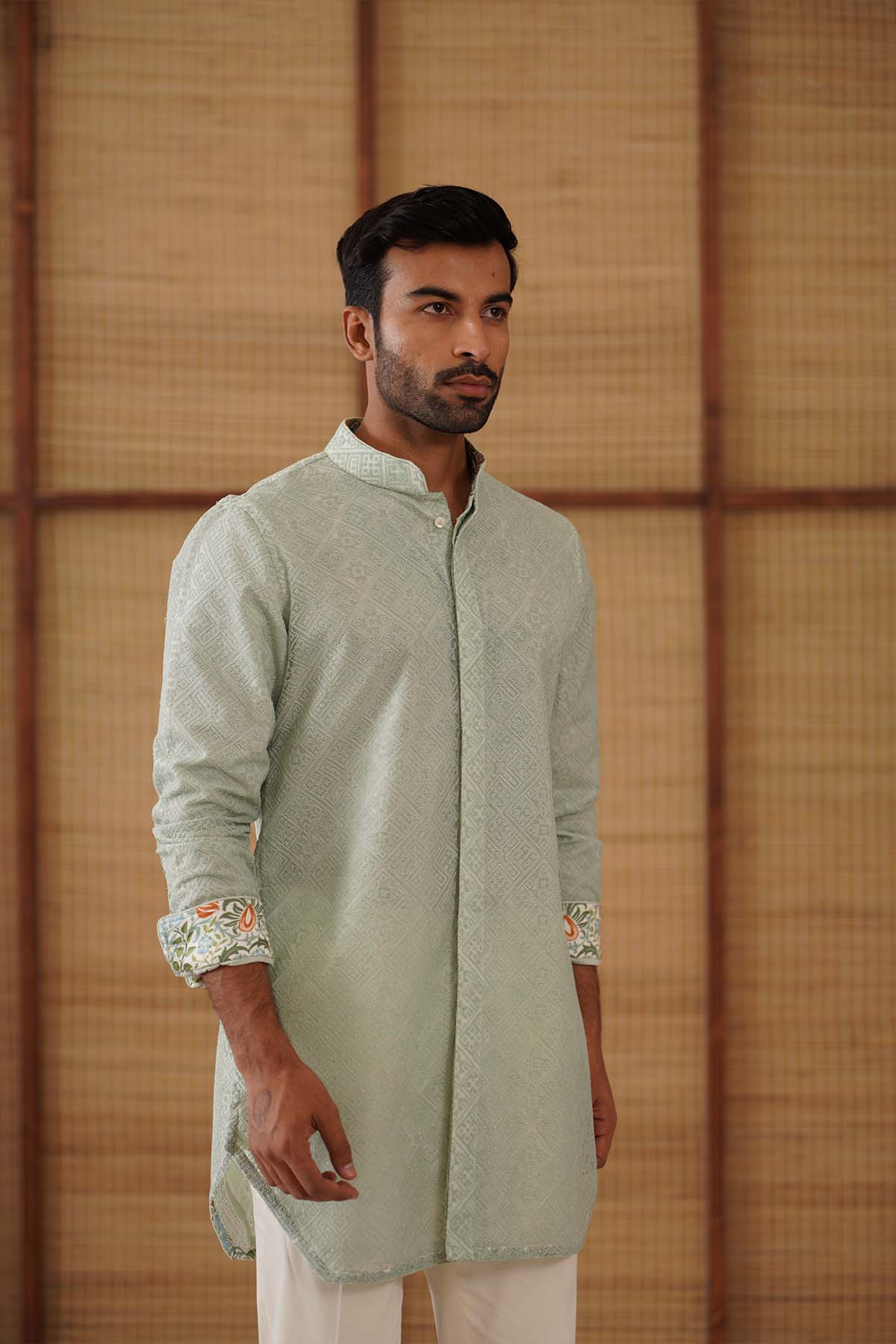 Arjan Dugal Kairos Diamond FOE Kurta Sage Green Set indian designer wear online shopping melange singapore 
